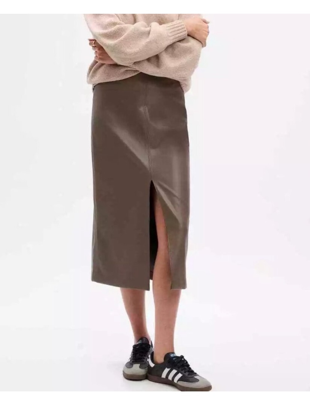 Gap Vegan Leather Front Slit Midi Skirt in Soft Brown Size 10 (Tall) NWOT